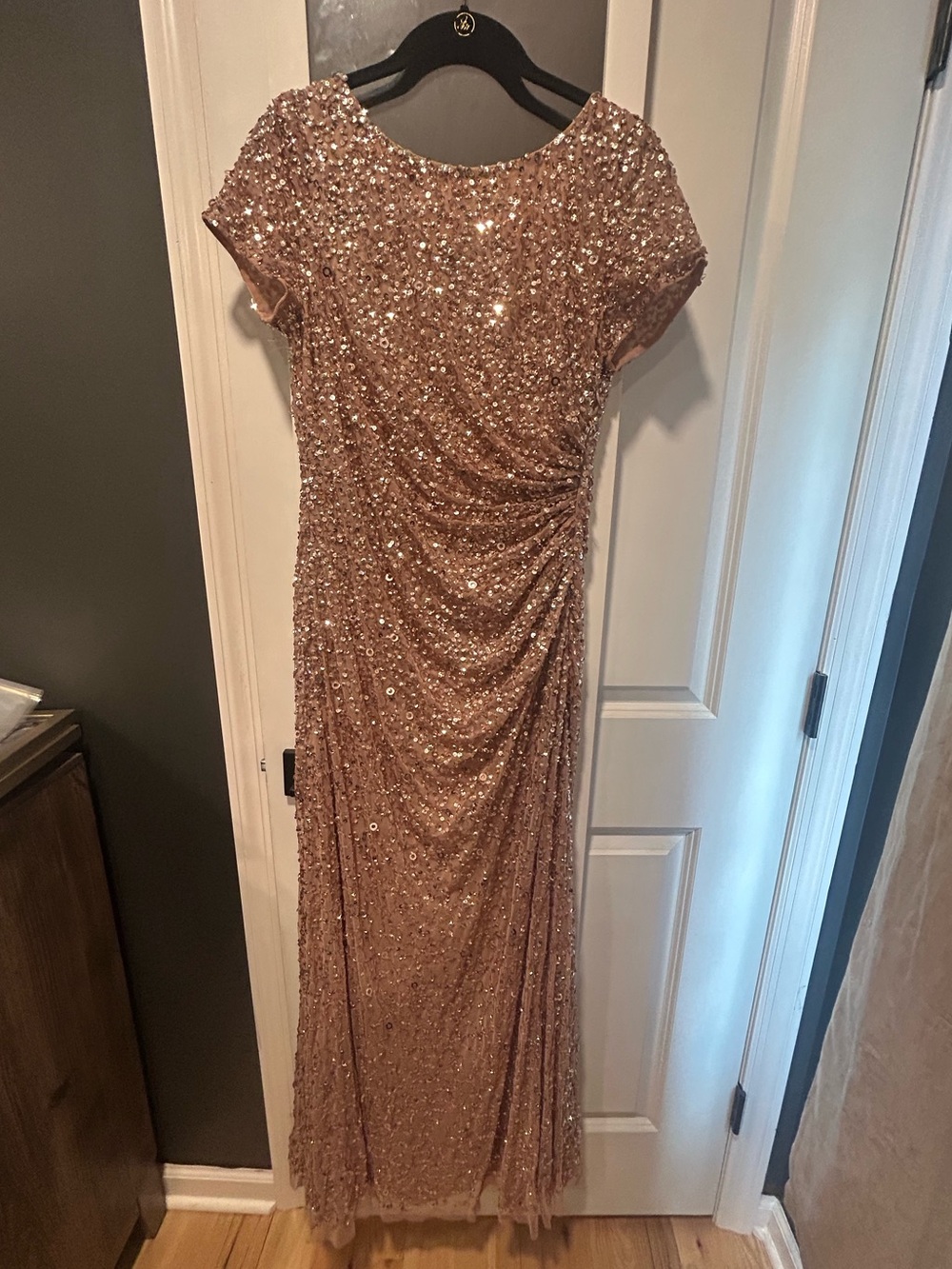 Adrianna Papell Rose Rose Gold Sequin Draped Maxi Dress